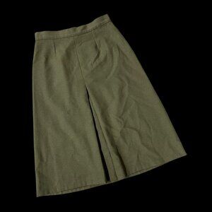 Vintage Skirt 1970s Army Green Wool Blend A Line Midi Mid Century Fashion Retro
